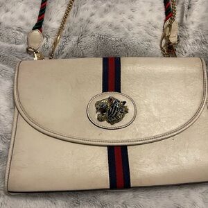 Gucci Cream Shoulder Bag with Gold Chain and Red Accents